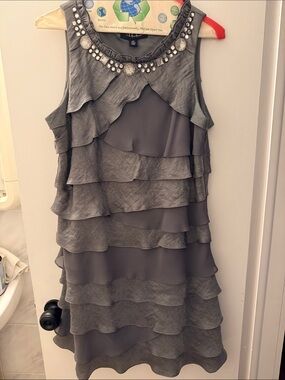 S.L. Fashions Gray Tiered Chiffon Embellished Dress | Women’s 14P